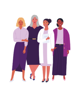 Illustrated full-body images of three women of varying ages and ethnicities stand together with a female doctor.